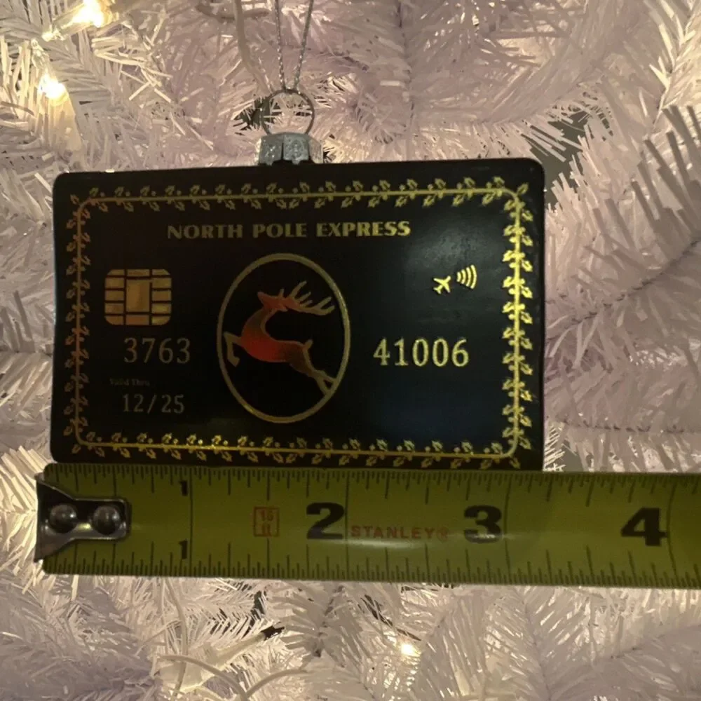 North Pole Express Glass Christmas Ornament Credit Card Black Gold Hanging